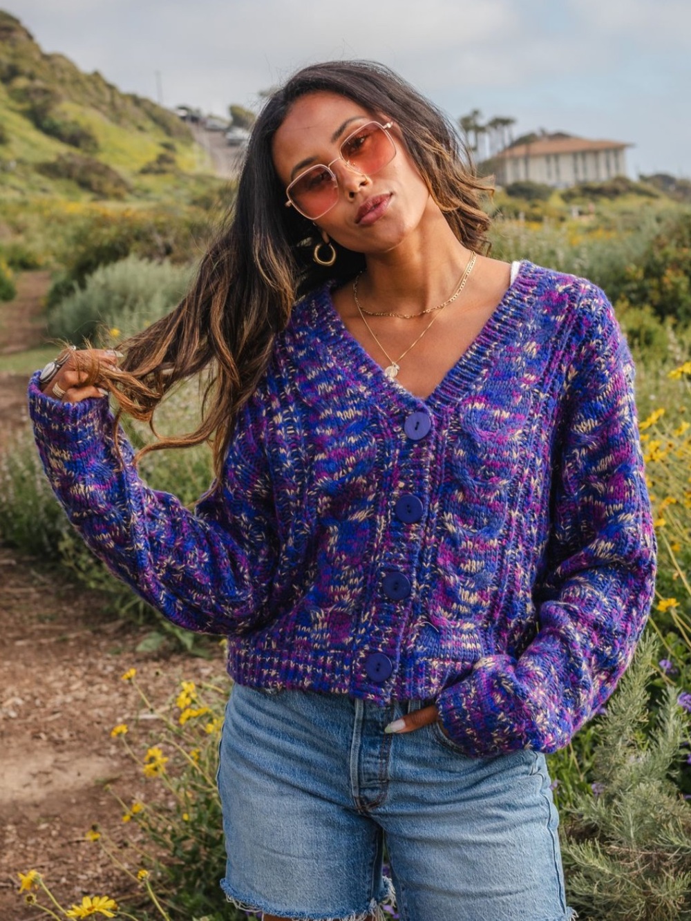 Purple Multicolor V-Neck Button Cardigan Sweater